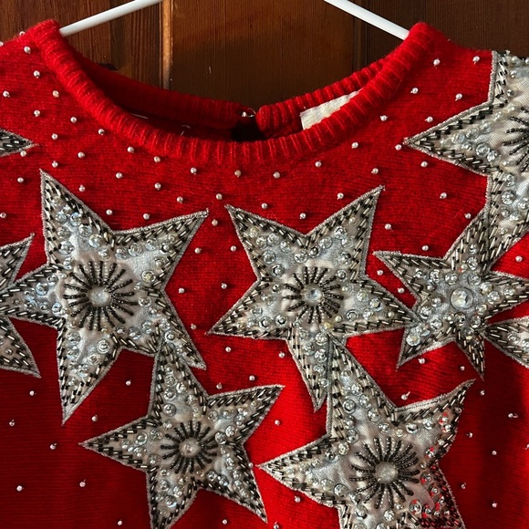 Vintage Caché Red Star Sequin Sweater 80s Lambswool Angora Knit, Beaded Size L - Picture 3 of 8